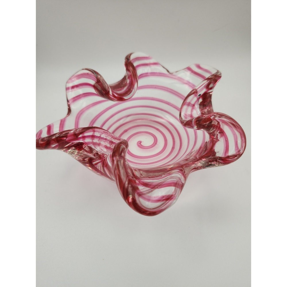Pink Candy Stripe Glass Ashtray Trinket Dish Candy Dish Vintage Retro